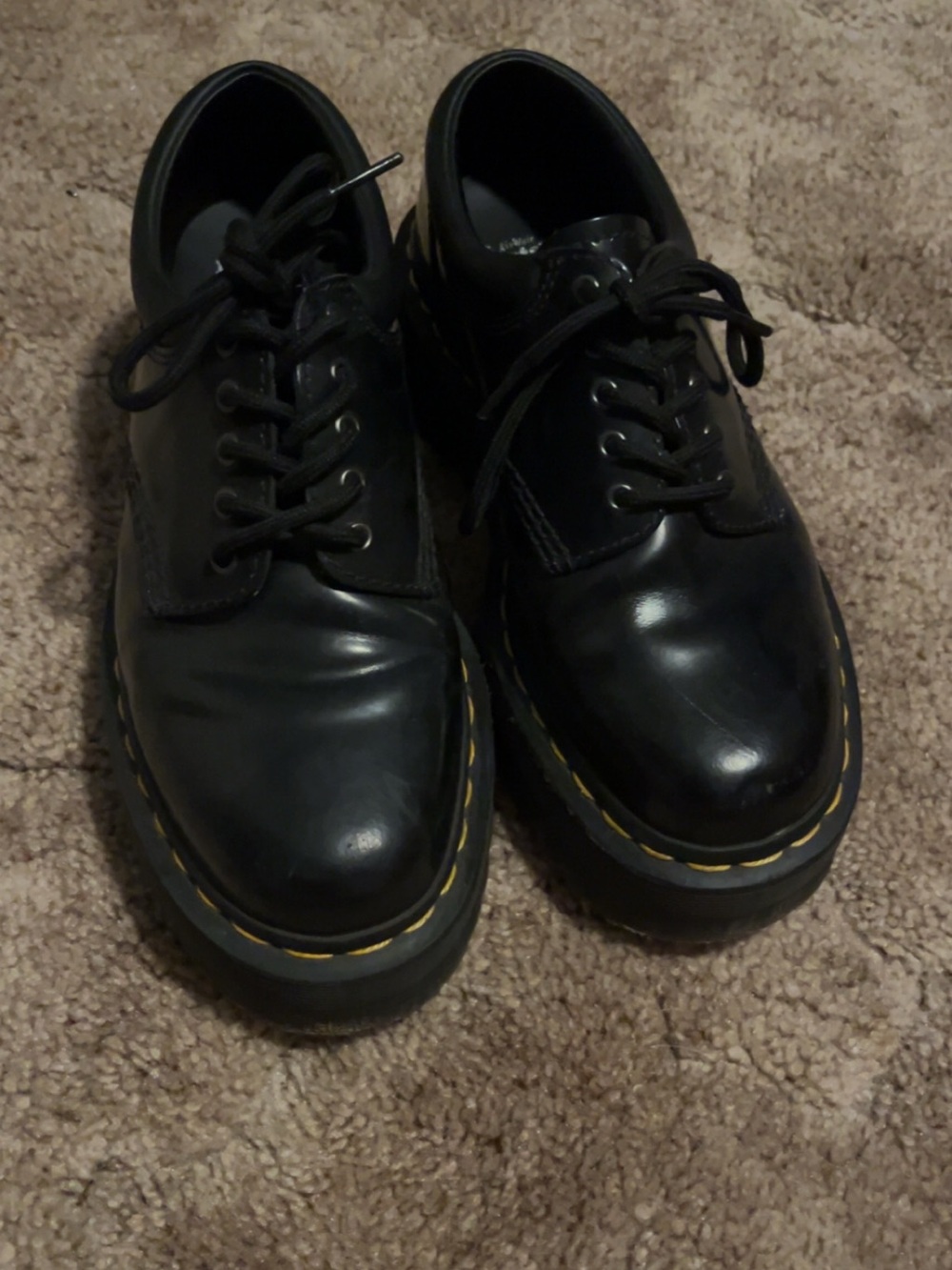 Dr. Martens Black Leather Lace-Up Boots with Yellow Stitching